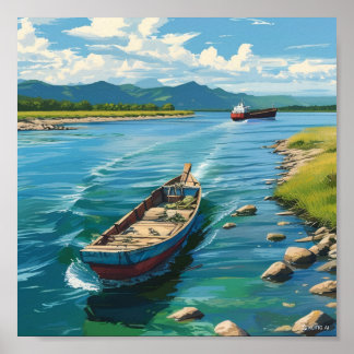 Poster Peinture murale d'un bateau dans la mer et d'un ba