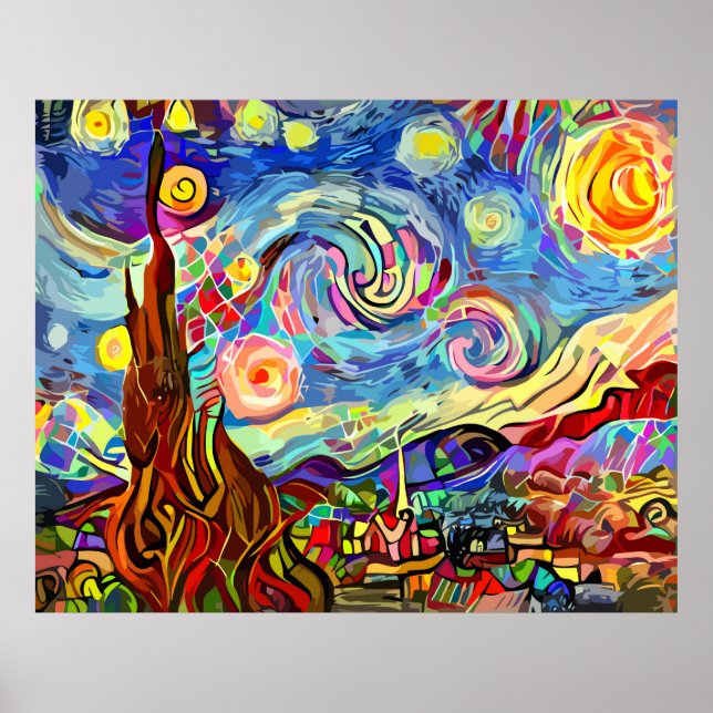 Poster Peinture nocturne artistique moderne étoilée (Devant)