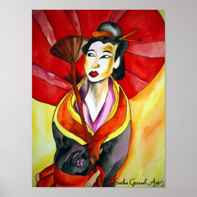 Poster peinture originale d'aquarelle japonaise Geisha (Devant)