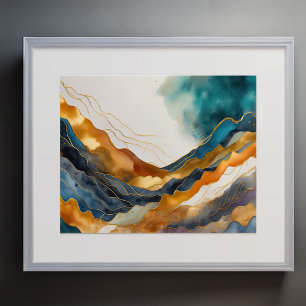 Poster Peinture Paysage Abstrait Or Rouille Bleu