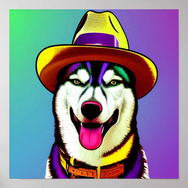 Poster Peinture pop art d'un chien Husky portant un Casqu (Devant)