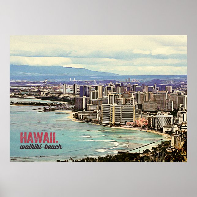 Poster Peinture rétro Hawaii Waikiki Beach (Devant)