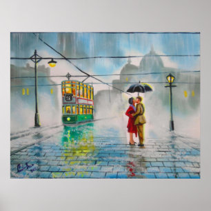 Poster peinture romantique de tram de parapluie de
