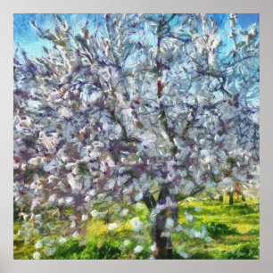 Poster Peinture style art pointillé en fleurs d'amandiers