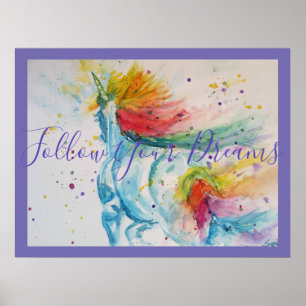 Poster Peinture Unicorne Suivez vos rêves Aquarelle