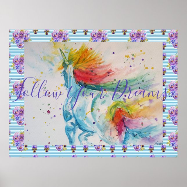 Poster Peinture Unicorne Suivez vos rêves Aquarelle (Devant)