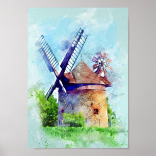 Poster Peinture vintage d'aquarelle de moulin à vent