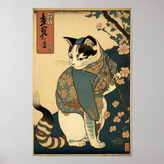 Poster Peinture vintage d'un chat dans le style de Kuniyo