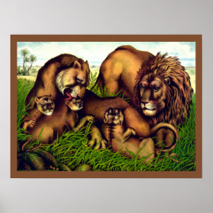 Poster Peinture vintage d'une famille de lions