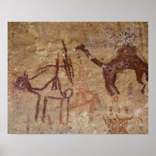 Poster Peintures rupestres préhistoriques avec chameaux e