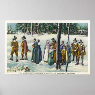Poster Pèlerins allant à l'église dans la scène de neige
