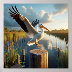 Poster Pélican blanc américain gracieux dans des zones hu
