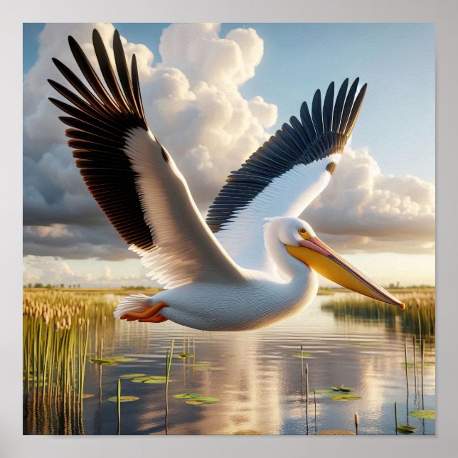 Poster Pélican blanc américain gracieux dans les zones hu (Devant)