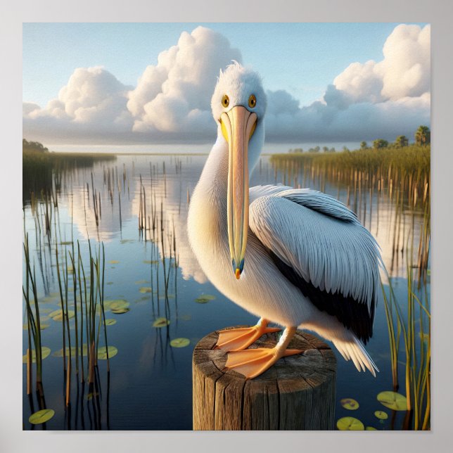 Poster Pélican blanc américain gracieux dans les zones hu (Devant)