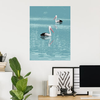 Poster Pelican Couple Paddle sur Calm Aqua Water
