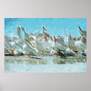 Poster Pélicans blancs et cormoran noir Abstrait