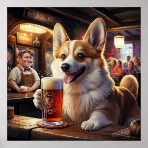 Poster Pembroke Corgi Boire une bière au pub