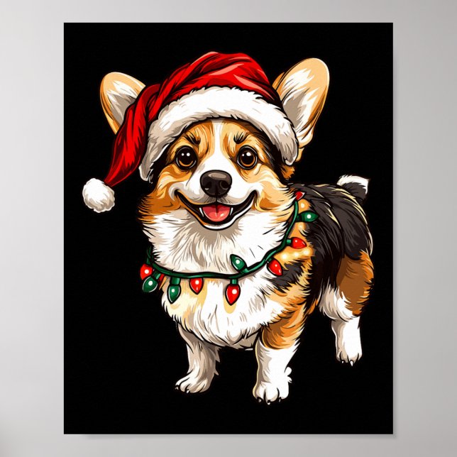 Poster Pembroke Welsh Corgi Père Noël Lumières des arbres (Devant)
