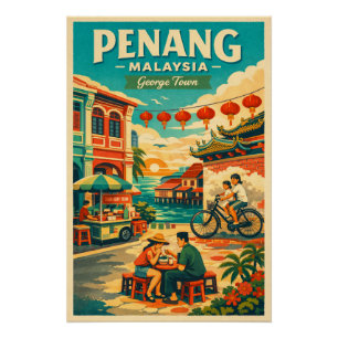 Poster Penang, Malaisie, dans un voyage rétro vibrant