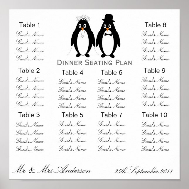 Poster Penguins Mariage Dîner Plan de siège (Devant)