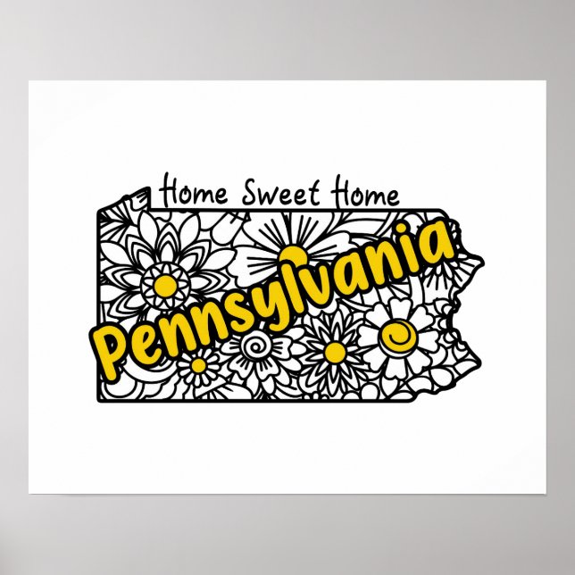 Poster Pennsylvanie Doodle Flowers Silhouette (Devant)