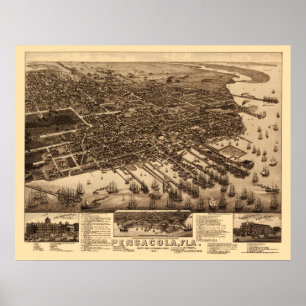 Poster Pensacola, carte panoramique de FL - 1885
