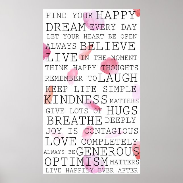 Poster Pensées positives Mots inspirants Pétales Roses (Devant)