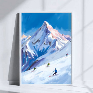 Poster Pentes de montagne de ski aquarelle d'hiver