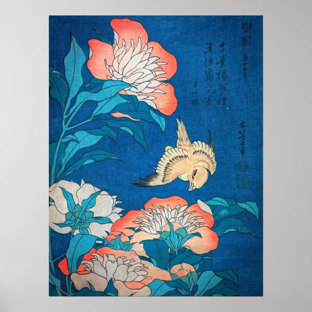 Poster Peonies et Canaries par Hokusai (Devant)