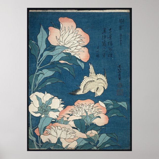 Poster Peonies et Canaries par Katsushika Hokusai 1834 (Devant)