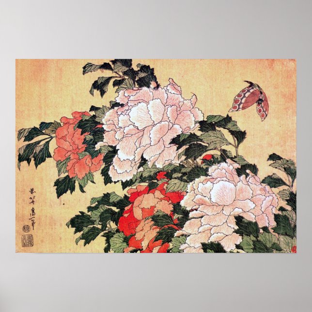Poster Peonies et papillon Hokusai (Devant)