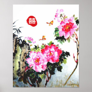 Poster Peonies&Papillons/Double Bonheur Mariage Cadeau