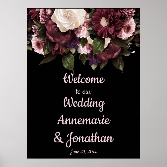 Poster Peonies rose prune violette Bienvenue à notre Po M (Devant)