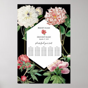 Poster Peonies roses Fleurs Mariage Black Seating Chart