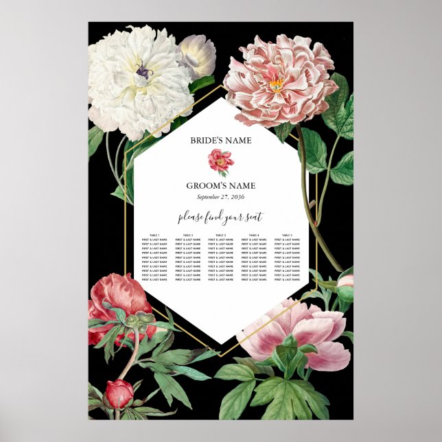 Poster Peonies roses Fleurs Mariage Black Seating Chart (Devant)