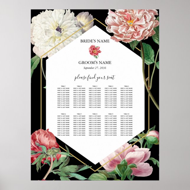 Poster Peonies roses Fleurs Mariage Black Seating Chart (Devant)