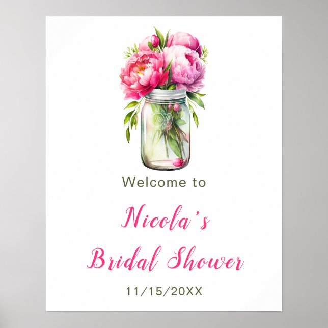 Poster Peonies roses Mason Jar Fête des mariées Bienvenue (Devant)