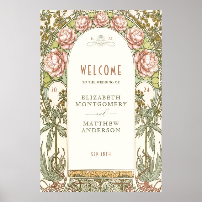 Poster Peonies Welcome Sign Wedding Vintage Art Nouveau (Devant)
