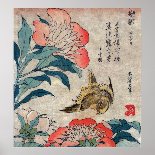 Poster Peony et Canary, Hokusai (Devant)