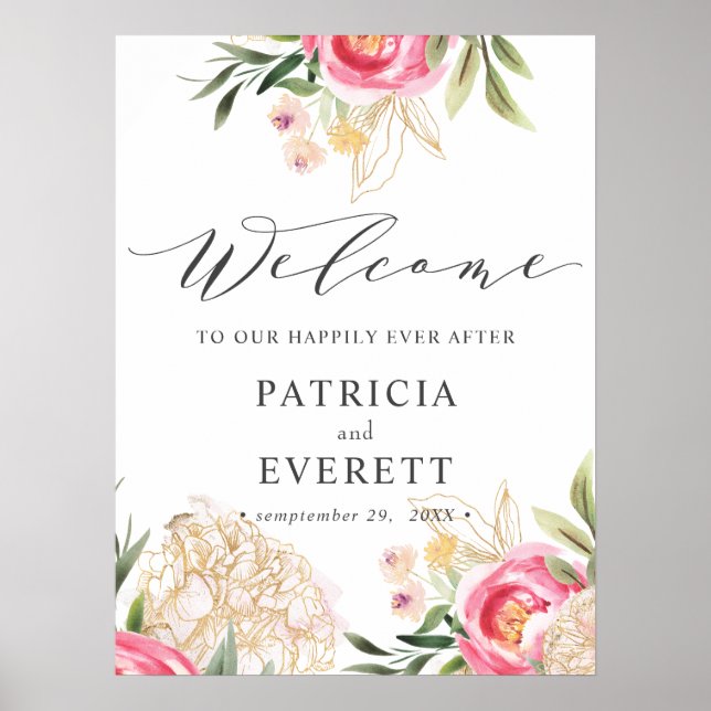 Poster Peony or fleurs Boho Mariage Bienvenue (Devant)