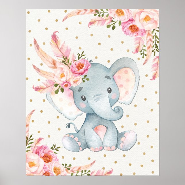 Poster Pépinière d'éléphant rose Floral Art Boho Décor Fl (Devant)