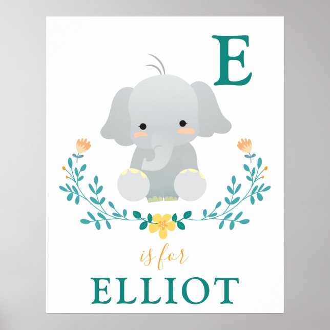Poster Pépinière d'éléphants | Nom du bébé (Devant)