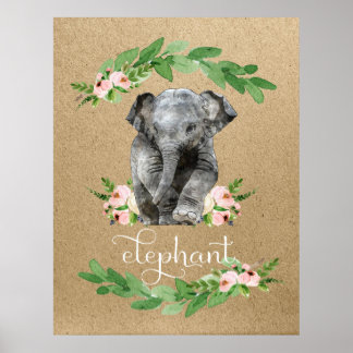 Poster Pépinière florale rose éléphant Imprimer