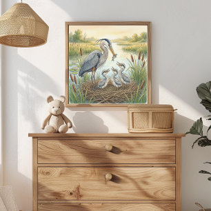 Poster Pépinière Maman Héron et les poussins