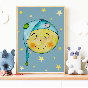 Poster Pépinière Mur Art Lune Soleil Étoiles Bleu Jaune P