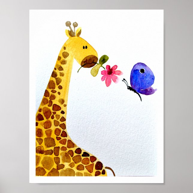 Poster Pépinière murale art_ Aquarelle Giraffe & papillon (Devant)