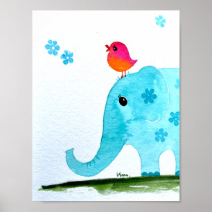 Poster Pépinière wallart_ aquarelle Éléphant et oiseau ro