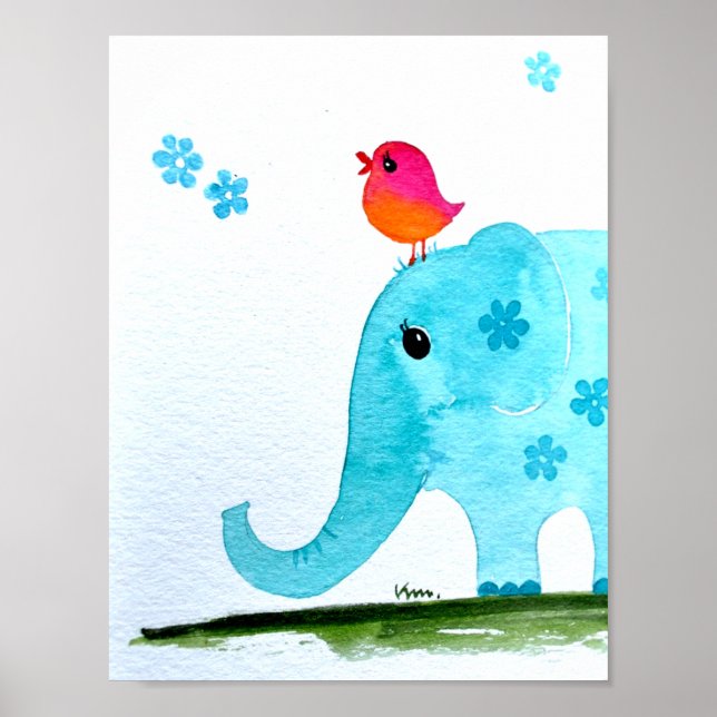 Poster Pépinière wallart_ aquarelle Éléphant et oiseau ro (Devant)