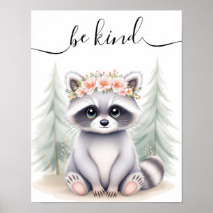 Poster Pépinière Whimsical Aquarelle Bébé Raccoon Bois
