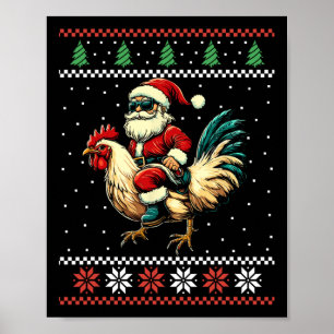Poster Père Noël à cheval sur un poulet pull de Noël laid